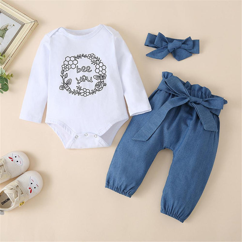 Baby Girls Bee You Long Sleeve Romper & Solid Pants & Headband Wholesale Baby Clothes In Bulk - PrettyKid