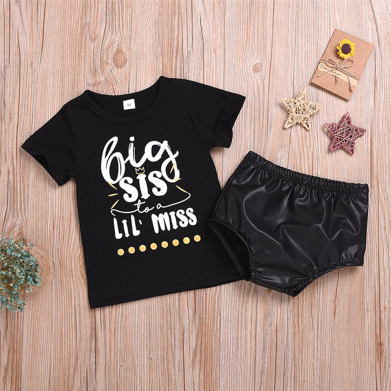 Girls Big Sister Printed Shorts Sleeve Tee & PU Shorts Wholesale Little Girl Clothes - PrettyKid