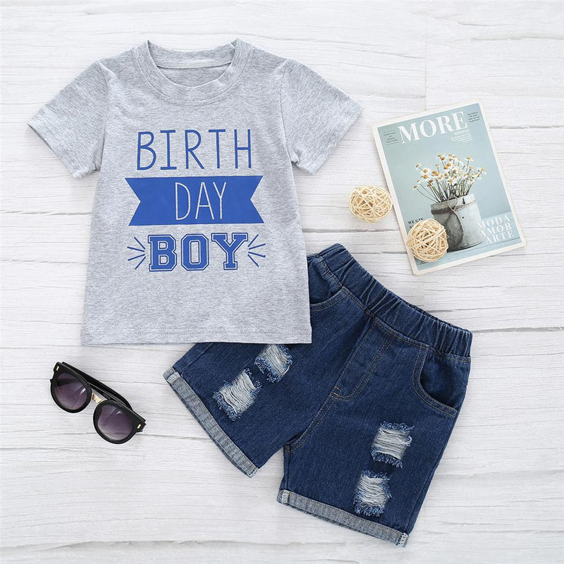 Baby Birthday Boy Printed Short Sleeve Top & Ripped Denim Shorts Wholesale Baby Outfits - PrettyKid