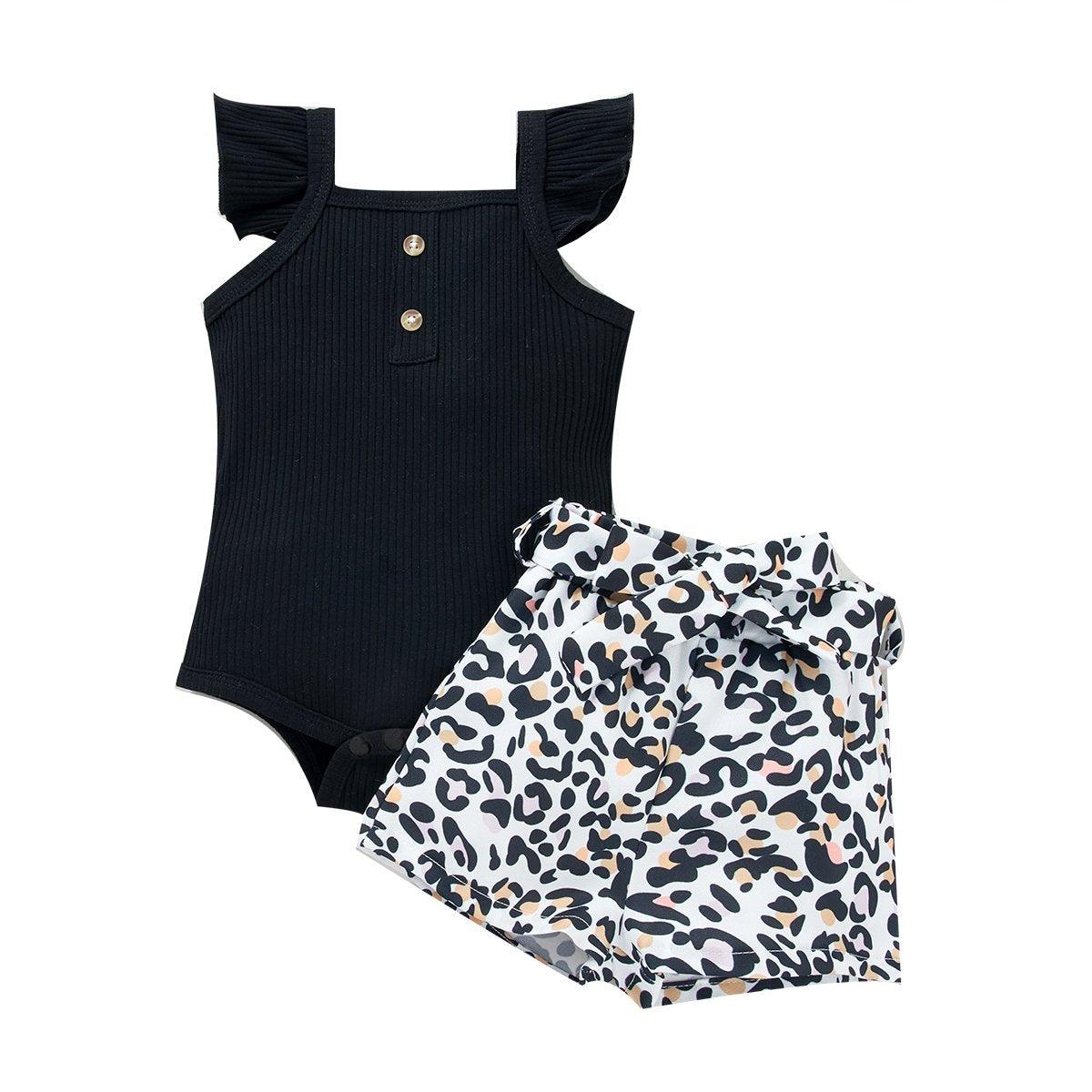 Baby Girls Black Flying Sleeve Romper & Leopard Shorts baby clothes wholesale usa - PrettyKid