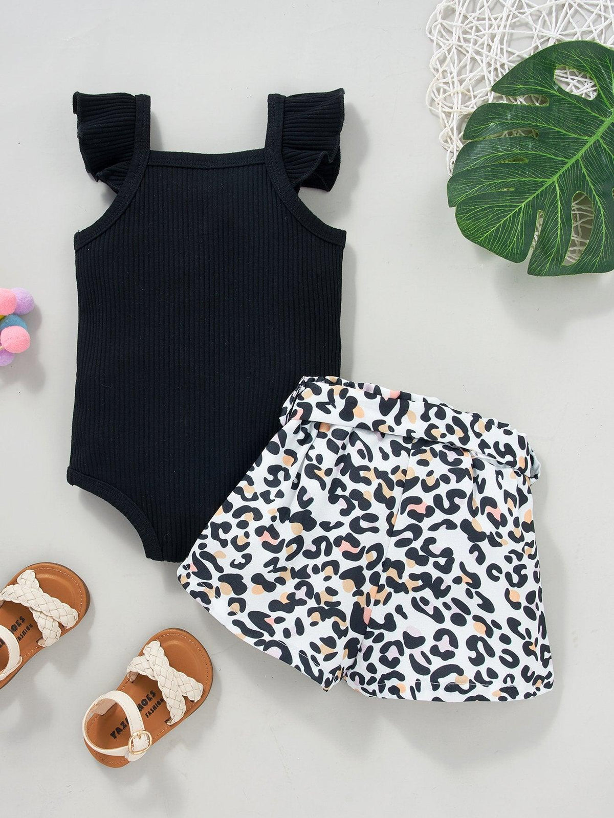 Baby Girls Black Flying Sleeve Romper & Leopard Shorts baby clothes wholesale usa - PrettyKid