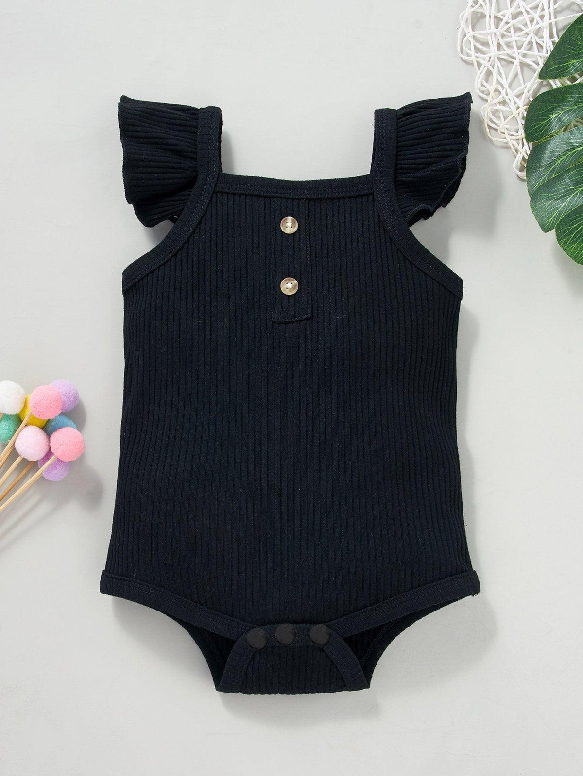 Baby Girls Black Flying Sleeve Romper & Leopard Shorts baby clothes wholesale usa - PrettyKid