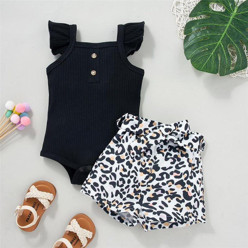 Baby Girls Black Flying Sleeve Romper & Leopard Shorts baby clothes wholesale usa - PrettyKid