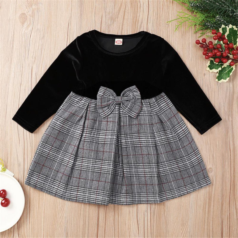 Baby Girls Black Plaid Long Sleeve Sweet Bow Dress Wholesale Baby Outfits - PrettyKid