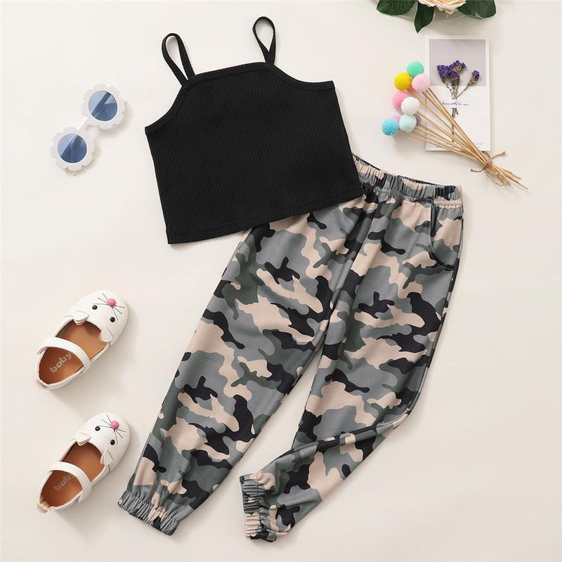 Toddler Girls Black Sling Top & Camo Pants clothes children's jeans wholesale - PrettyKid