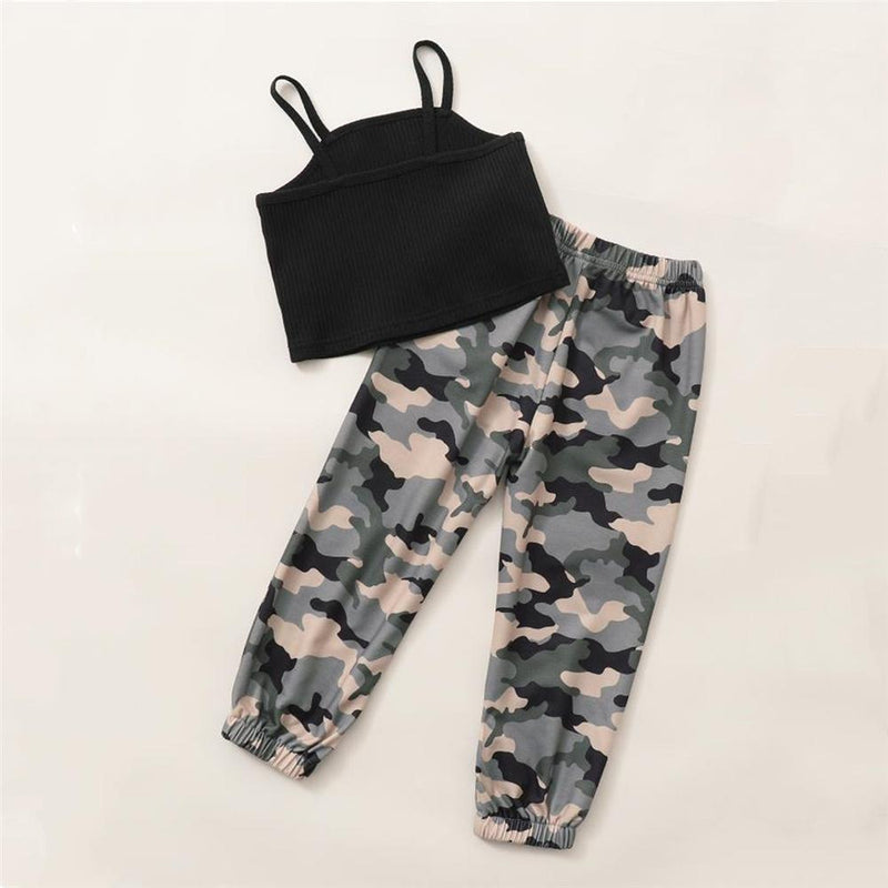 Toddler Girls Black Sling Top & Camo Pants clothes children's jeans wholesale - PrettyKid