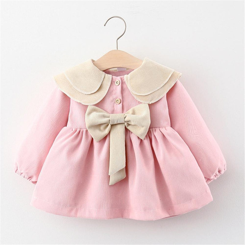 Girls Bow Button Long Sleeve Sweet Dress Wholesale Girl Clothing - PrettyKid