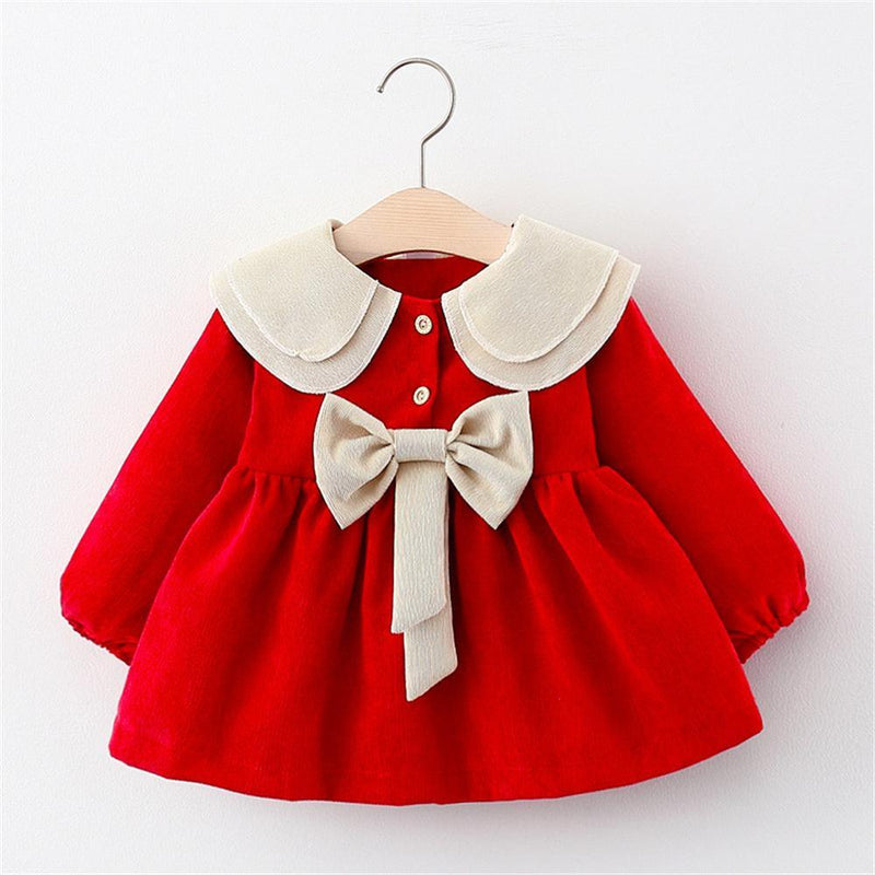 Girls Bow Button Long Sleeve Sweet Dress Wholesale Girl Clothing - PrettyKid