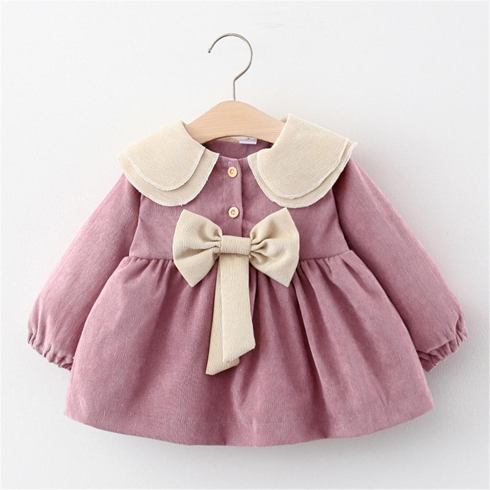 Girls Bow Button Long Sleeve Sweet Dress Wholesale Girl Clothing - PrettyKid