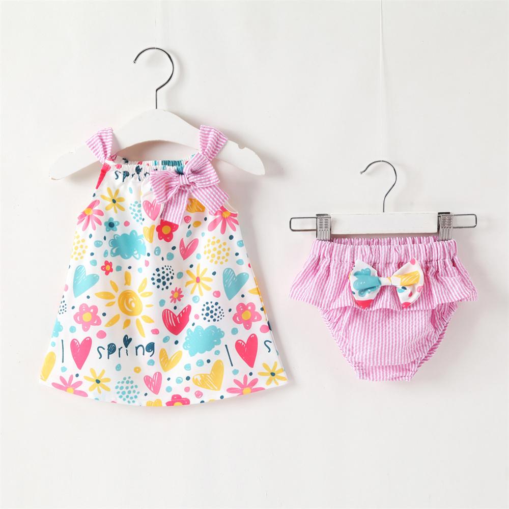 Baby Girls Bow Decor Floral Printed Spring Sleeveless Top & Shorts Wholesale Clothing Baby - PrettyKid