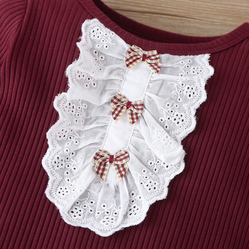 Baby Girls Bow Decor Lace Long Sleeve Casual Romper & Headband Wholesale Baby Clothes In Bulk - PrettyKid
