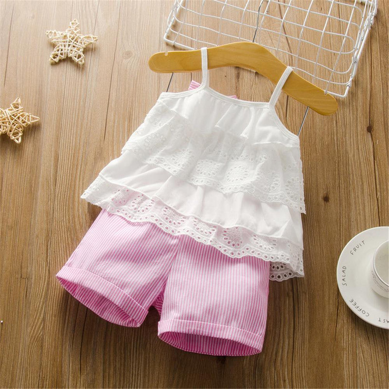 Girls Bow Decor Lace Sling Top & Striped Shorts Toddler Girl Wholesale clothes - PrettyKid