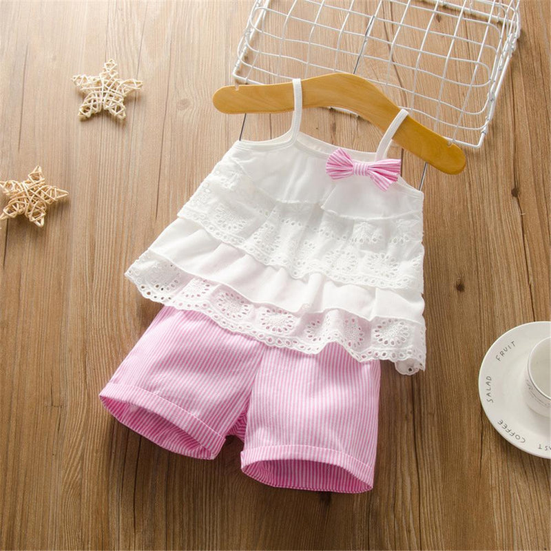 Girls Bow Decor Lace Sling Top & Striped Shorts Toddler Girl Wholesale clothes - PrettyKid