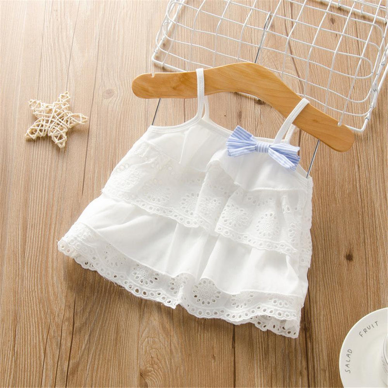 Girls Bow Decor Lace Sling Top & Striped Shorts Toddler Girl Wholesale clothes - PrettyKid
