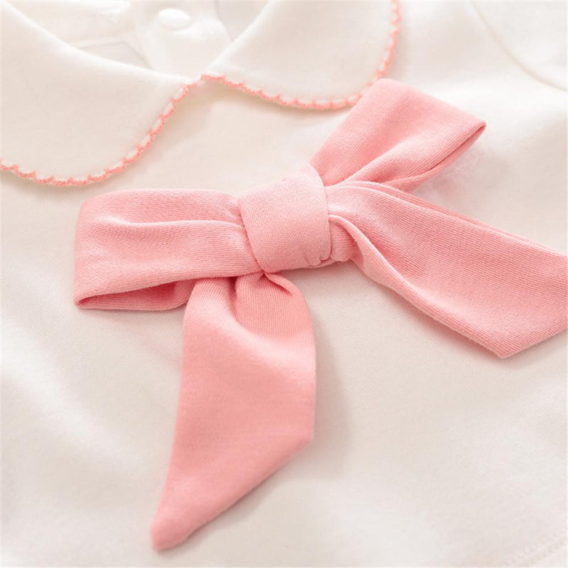 Baby Girls Bow Decor Long Sleeve Color Contrast Romper - PrettyKid