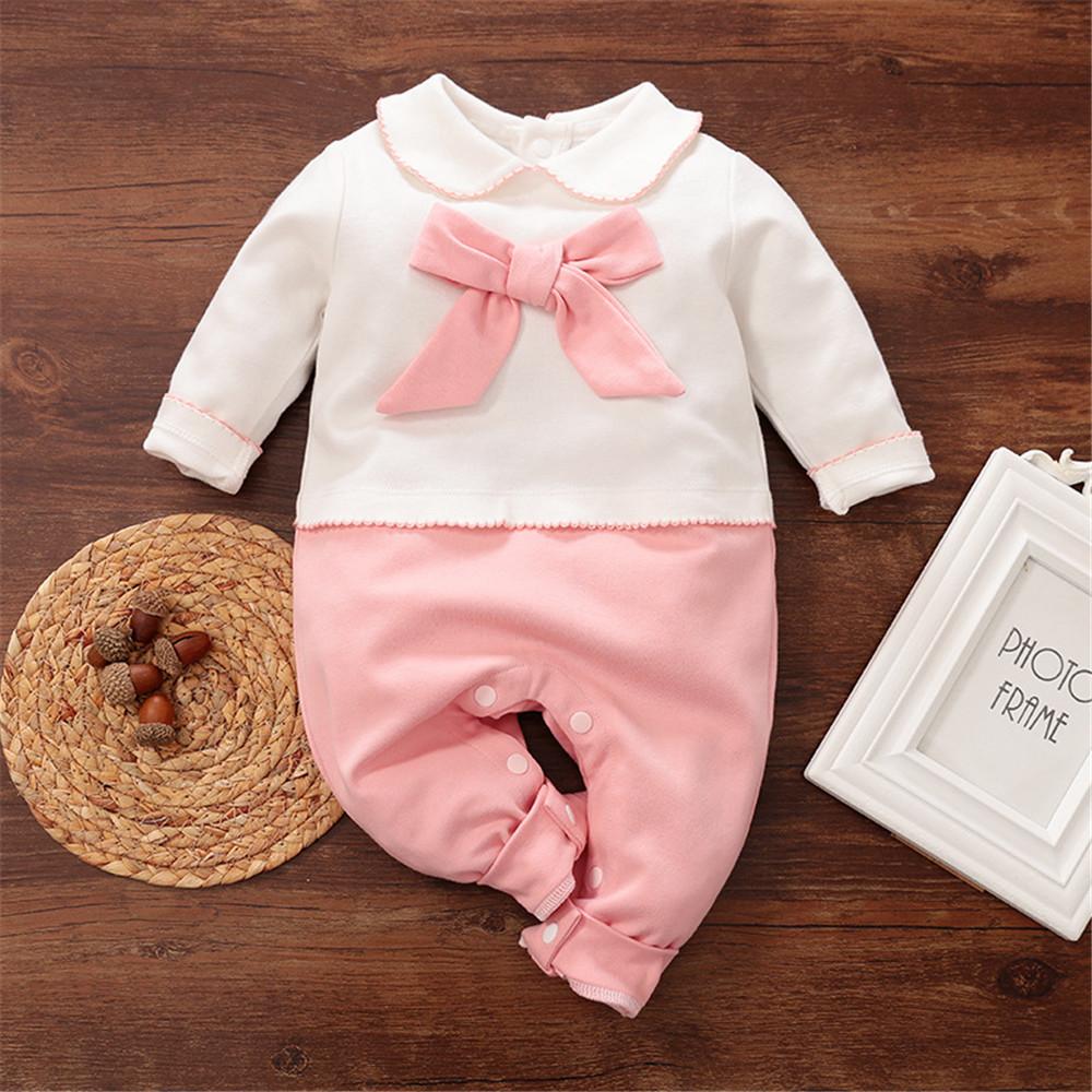 Baby Girls Bow Decor Long Sleeve Color Contrast Romper - PrettyKid