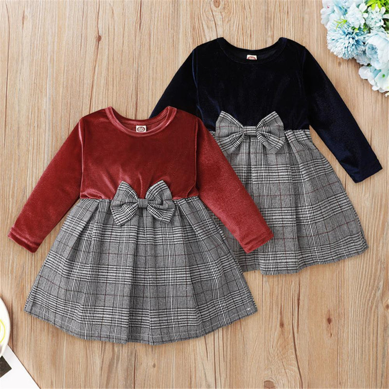 Baby Girls Bow Decor Long Sleeve Plaid Splicing Dress Babywear Wholesale - PrettyKid
