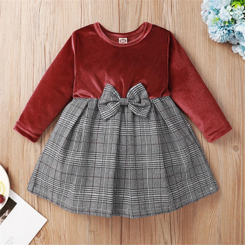 Baby Girls Bow Decor Long Sleeve Plaid Splicing Dress Babywear Wholesale - PrettyKid