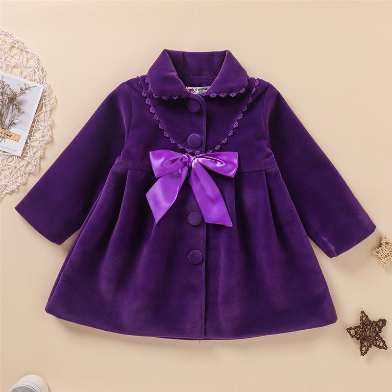 Girls Bow Decor Long Sleeve Solid Color Cardigan Coat Wholesale Little Girl Clothes - PrettyKid