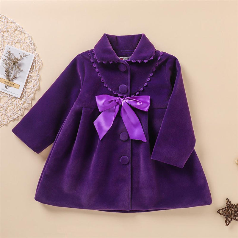 Girls Bow Decor Long Sleeve Solid Color Cardigan Coat Wholesale Little Girl Clothes - PrettyKid