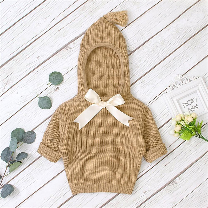 Baby Bow Decor Long Sleeve Solid Hooded Sweaters - PrettyKid
