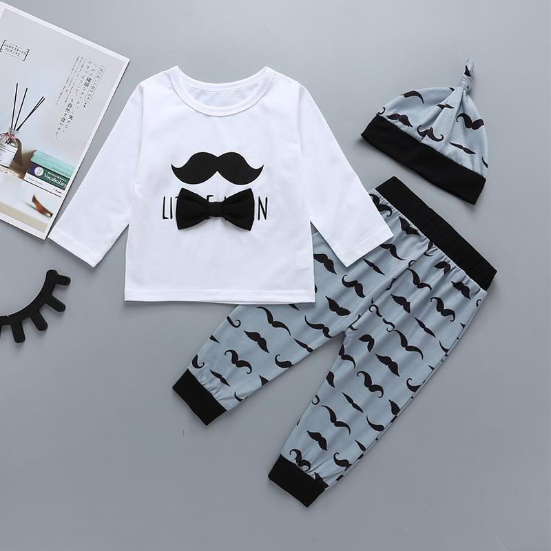Baby Bow Decor Long Sleeve T-shirt & Beard Print Pants & Hat - PrettyKid