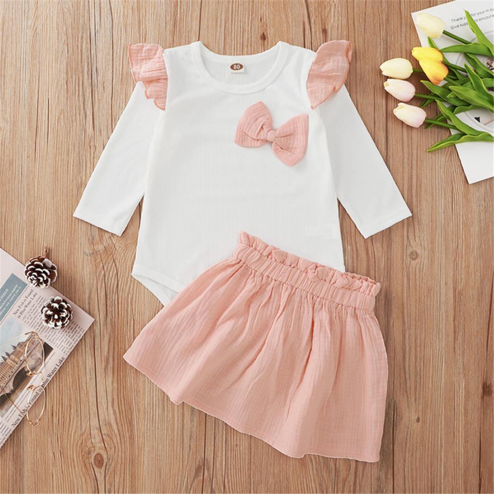 Baby Girls Bow Decor Long Sleeve Top & Skirt Baby Boutique Wholesale - PrettyKid