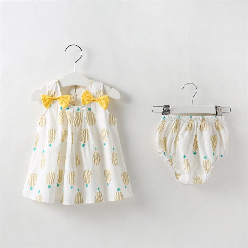 Baby Girls Bow Decor Pineapple Printed Sleeveless Top & Shorts Wholesale Baby Clothes In Bulk - PrettyKid