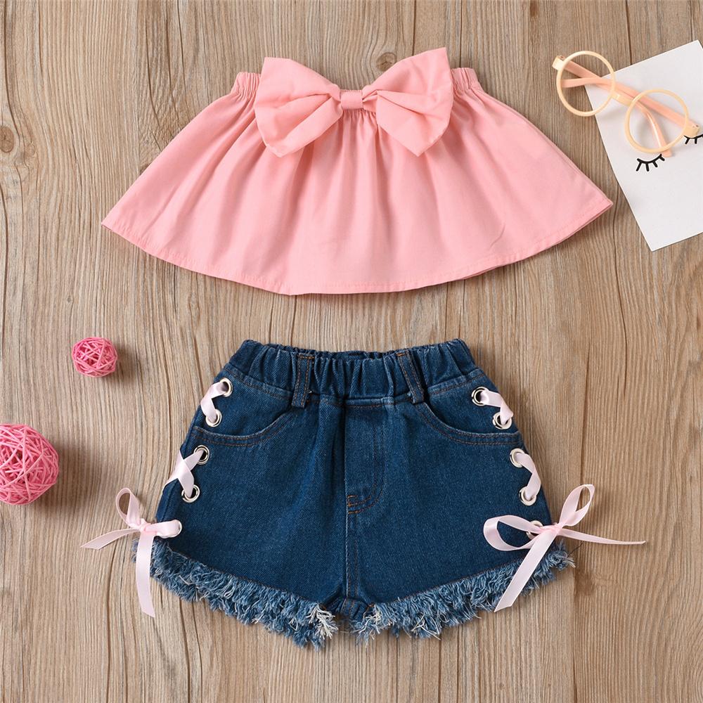 Girls Bow Decor Pink Tube Top & Denim Shorts Wholesale Baby clothing - PrettyKid