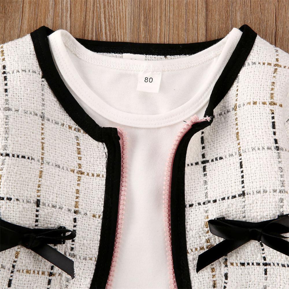Girls Bow Decor Plaid Long Sleeve Coat & Dress - PrettyKid