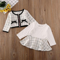 Girls Bow Decor Plaid Long Sleeve Coat & Dress - PrettyKid