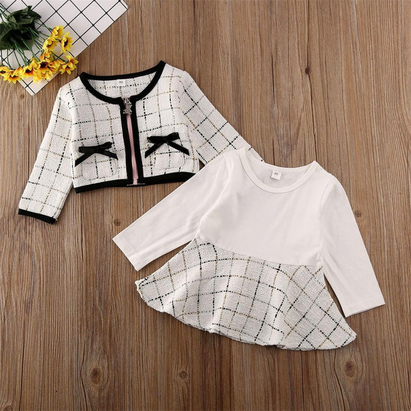 Girls Bow Decor Plaid Long Sleeve Coat & Dress - PrettyKid