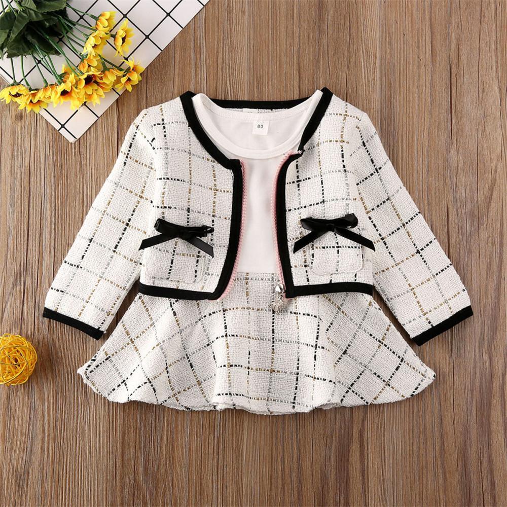 Girls Bow Decor Plaid Long Sleeve Coat & Dress - PrettyKid