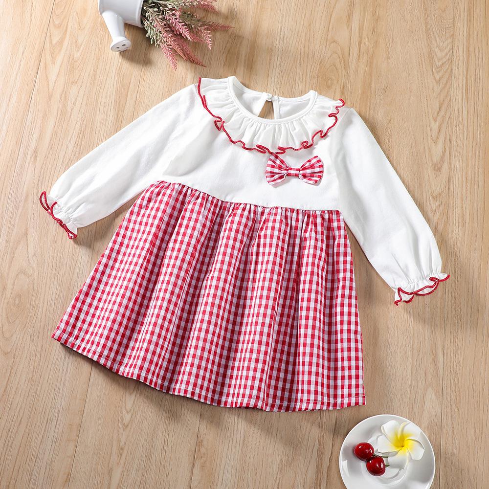 Baby Girls Bow Decor Plaid Long Sleeve Dress Baby Wholesale Clothes - PrettyKid