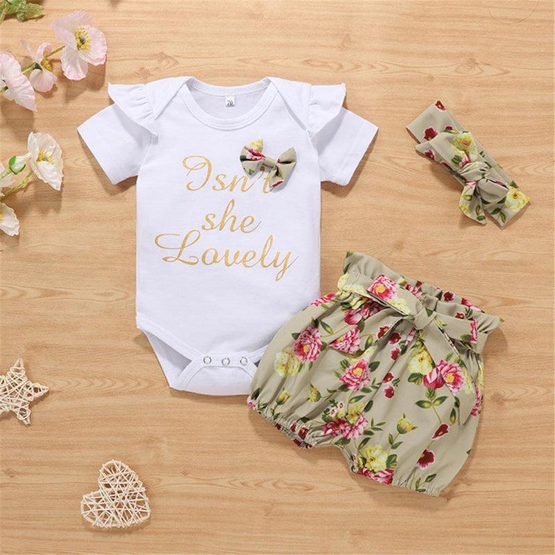 Baby Girls Bow Decor Short Sleeve Letter Printed Romper & Floral Shorts & Headband Baby Clothing Cheap Wholesale - PrettyKid