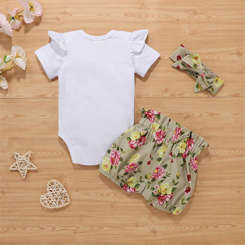 Baby Girls Bow Decor Short Sleeve Letter Printed Romper & Floral Shorts & Headband Baby Clothing Cheap Wholesale - PrettyKid