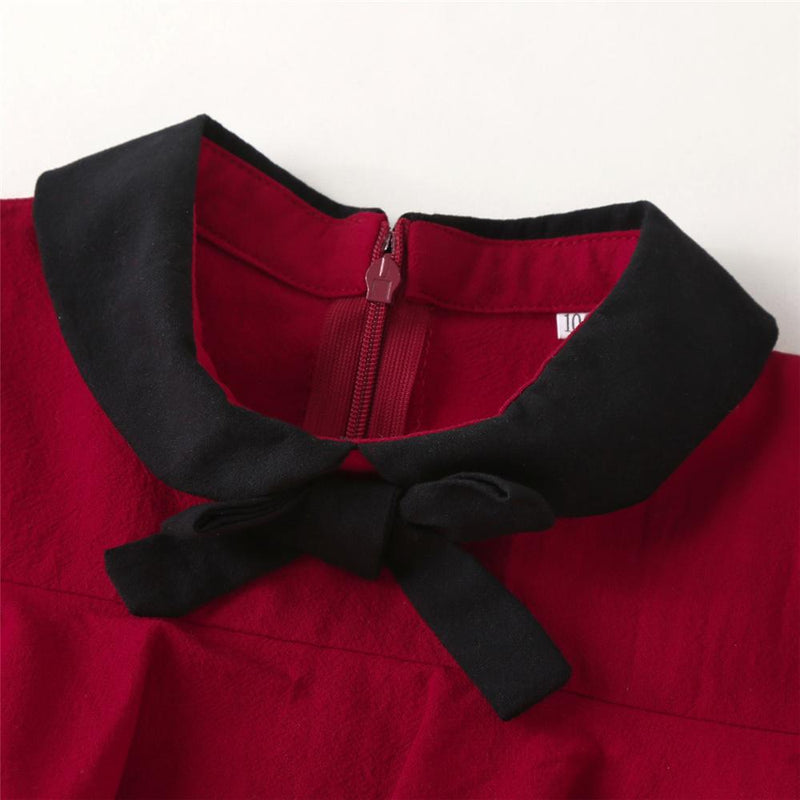 Girls Bow Decor Short Sleeve Ruffled Vintage Dress Kids Wholesale clothes - PrettyKid