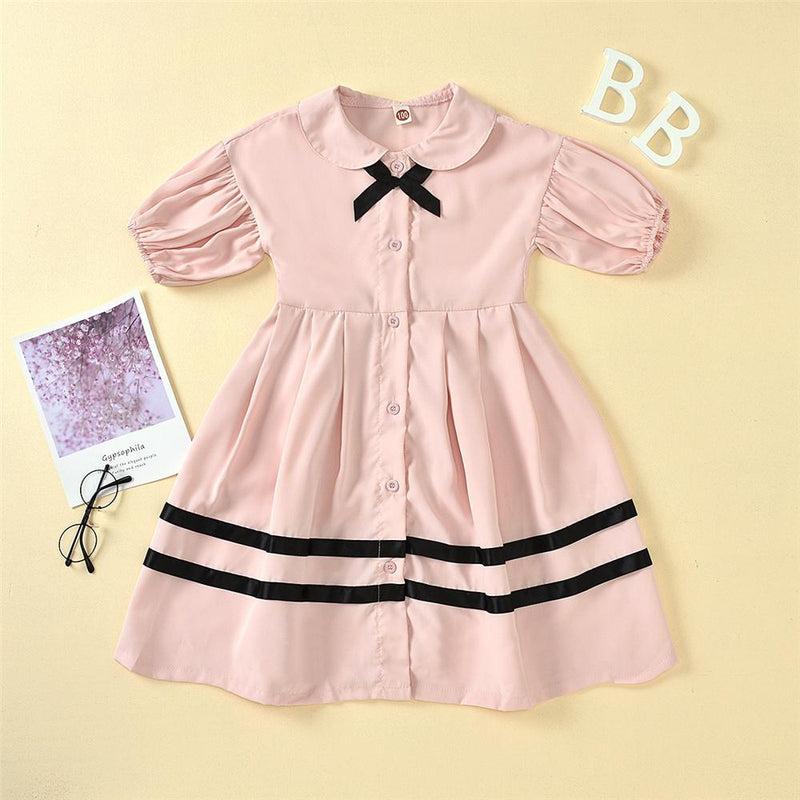 Girls Bow Decor Short Sleeve Striped Button Dress Girls Boutique Clothes Wholesale - PrettyKid