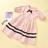 Girls Bow Decor Short Sleeve Striped Button Dress Girls Boutique Clothes Wholesale - PrettyKid