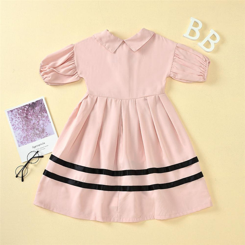 Girls Bow Decor Short Sleeve Striped Button Dress Girls Boutique Clothes Wholesale - PrettyKid
