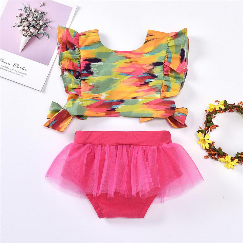 Baby Girls Bow Decor Sleeveless Ruffled Top & Solid Mesh Shorts Wholesale Clothing Baby - PrettyKid