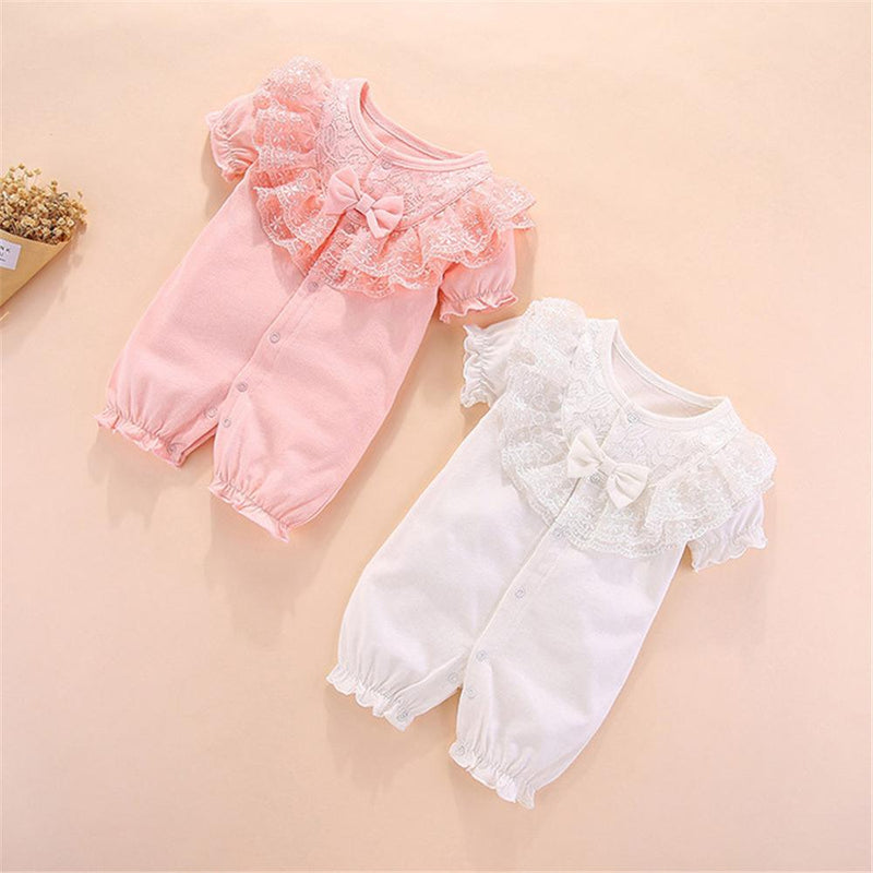 Baby Girls Bow Decor Solid Color Short Sleeve Romper Wholesale Baby clothing - PrettyKid