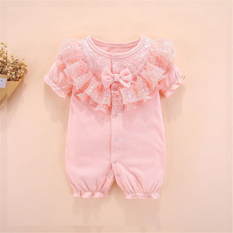 Baby Girls Bow Decor Solid Color Short Sleeve Romper Wholesale Baby clothing - PrettyKid