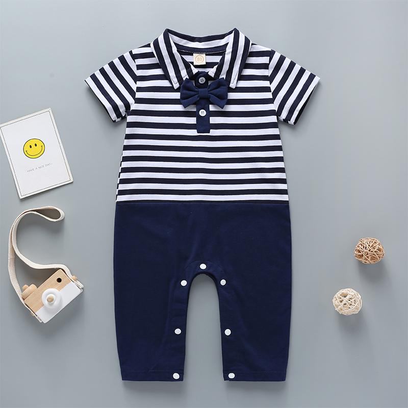 Baby Boys Bow Decor Stripe Short Sleeve Romper - PrettyKid