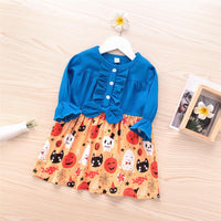 Girls Bow Flare Sleeve Ghost Pattern Dress Girls Dress Wholesale - PrettyKid