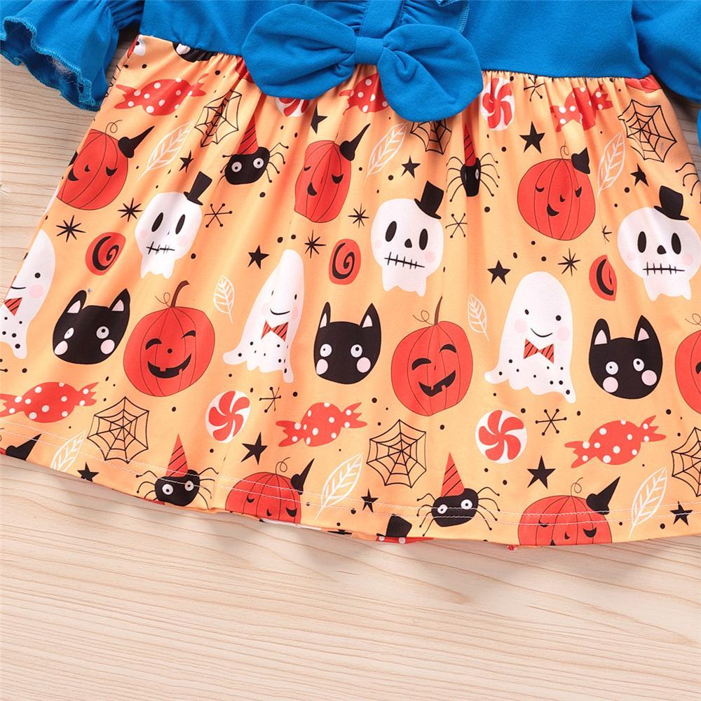 Girls Bow Flare Sleeve Ghost Pattern Dress Girls Dress Wholesale - PrettyKid