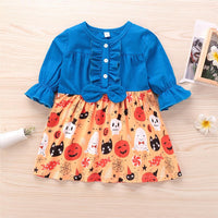 Girls Bow Flare Sleeve Ghost Pattern Dress Girls Dress Wholesale - PrettyKid