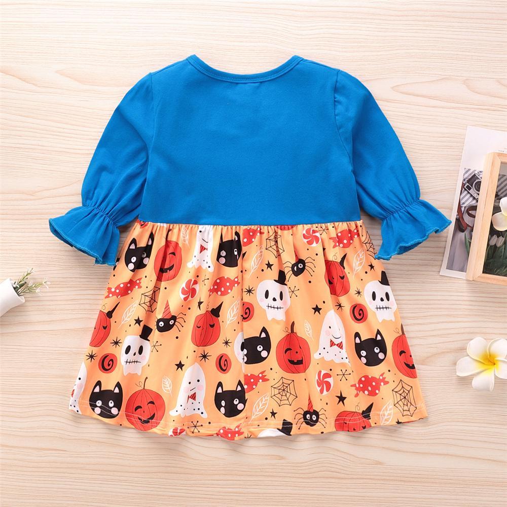 Girls Bow Flare Sleeve Ghost Pattern Dress Girls Dress Wholesale - PrettyKid