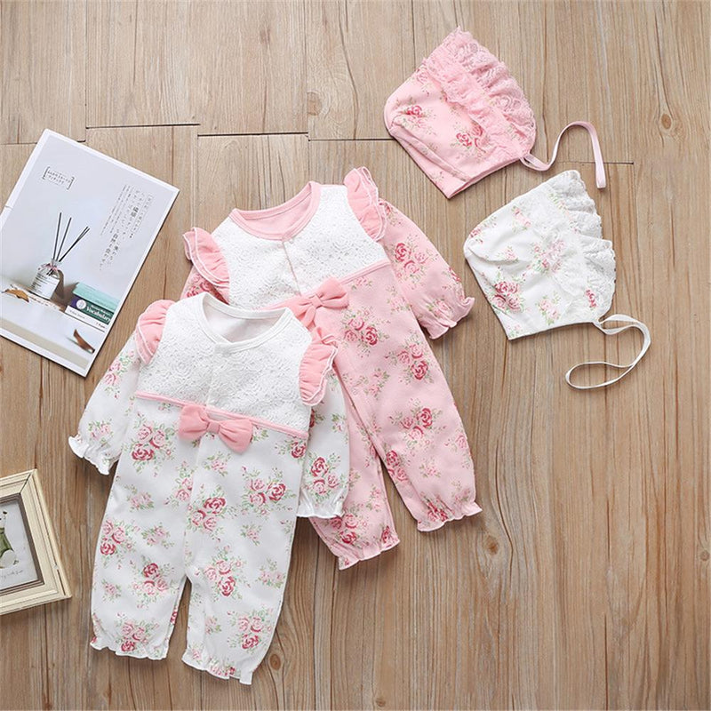 Baby Girls Bow Floral Lace Long Sleeve Romper & Hat Baby Wholesale Clothing - PrettyKid
