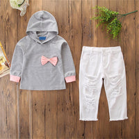 Girls Bow Hooded Long Sleeve Top & Ripped Jeans Kids Wholesale Clothing - PrettyKid